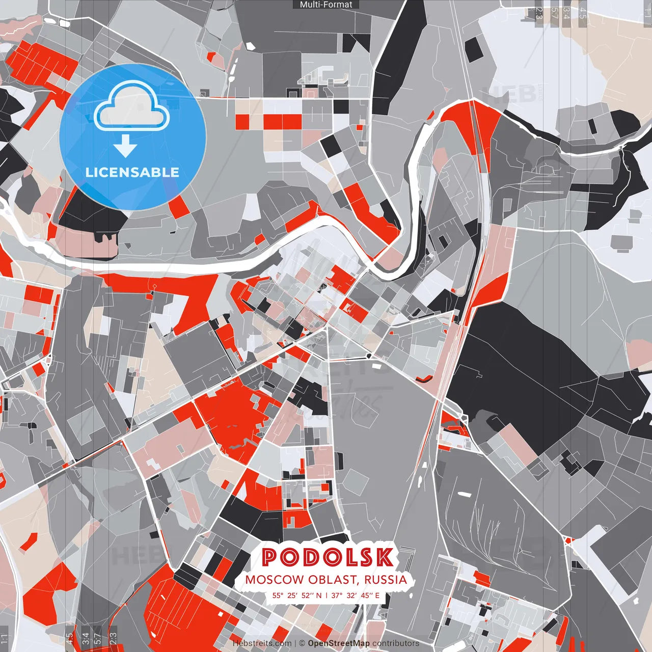 Podolsk, Moscow Oblast, Russia - modern street map poster template with gray and red tones