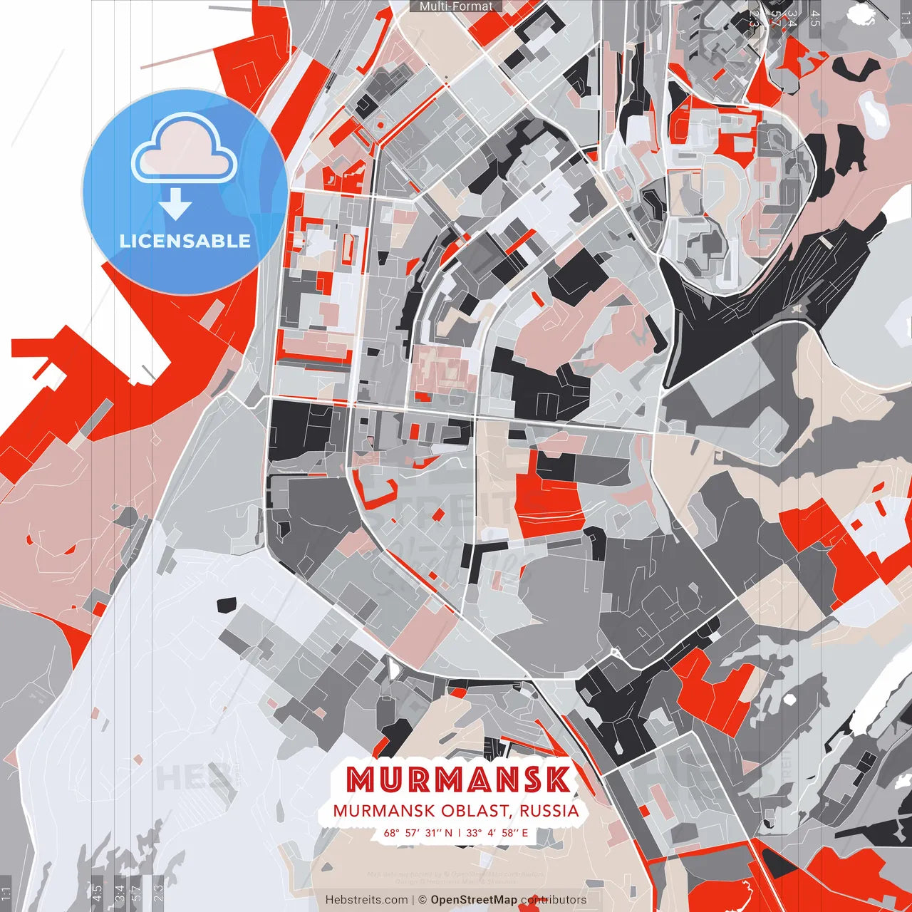 Murmansk, Murmansk Oblast, Russia - modern street map poster template with gray and red tones