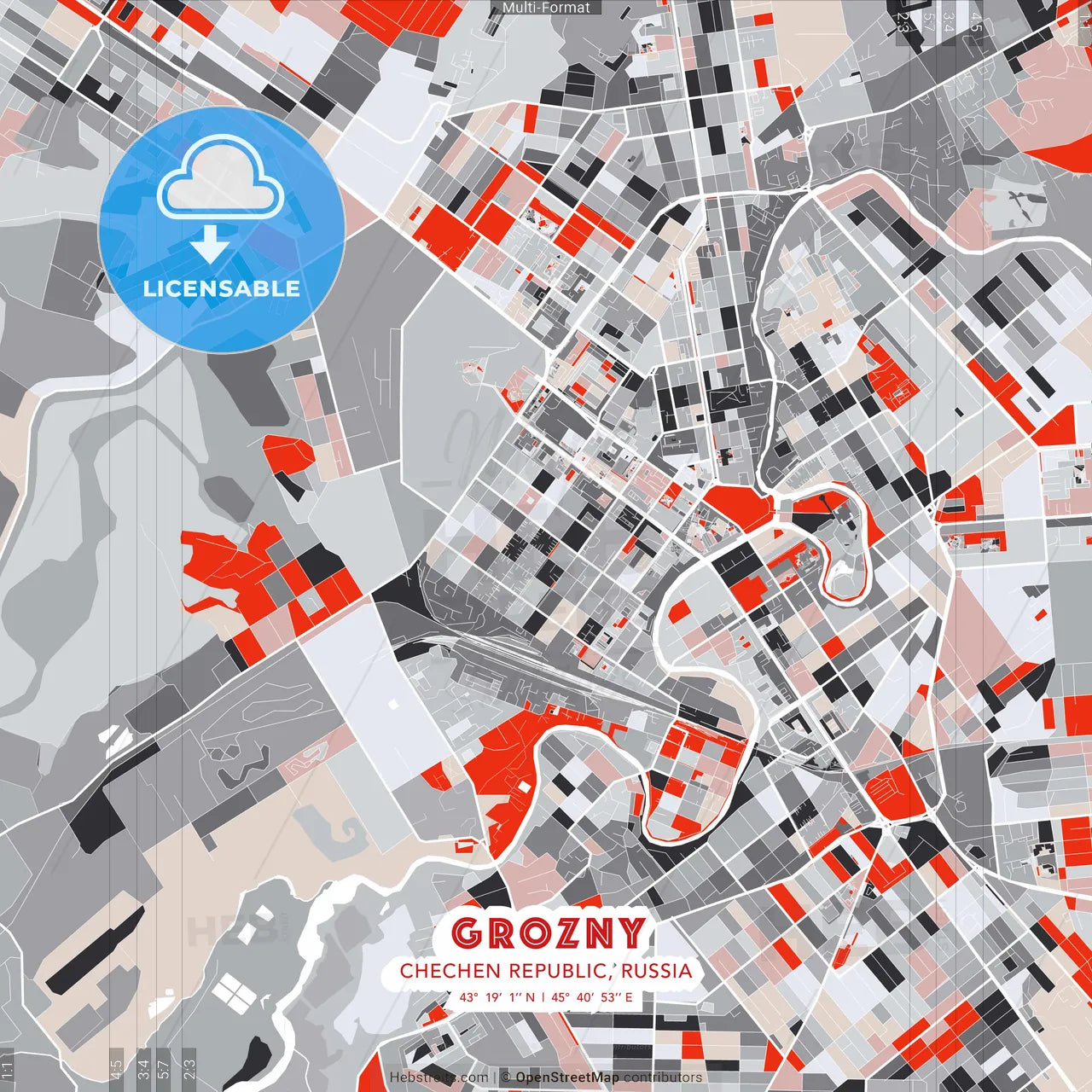 Grozny, Chechen Republic, Russia - modern street map poster template with gray and red tones