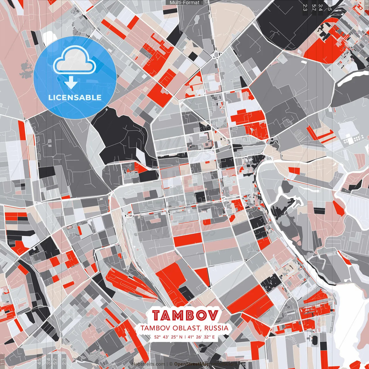 Tambov, Tambov Oblast, Russia - modern street map poster template with gray and red tones