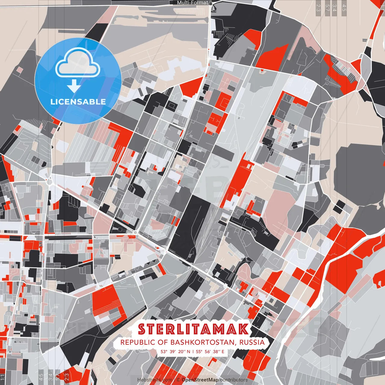 Sterlitamak, Republic of Bashkortostan, Russia - modern street map poster template with gray and red tones