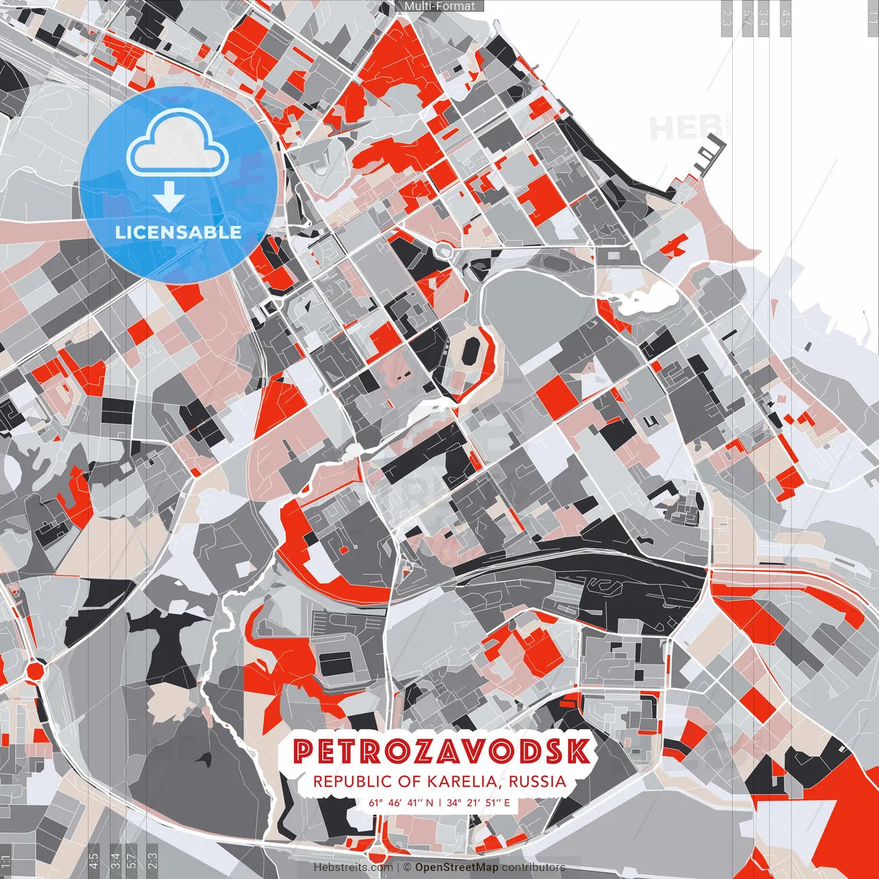 Petrozavodsk, Republic of Karelia, Russia - modern street map poster template with gray and red tones