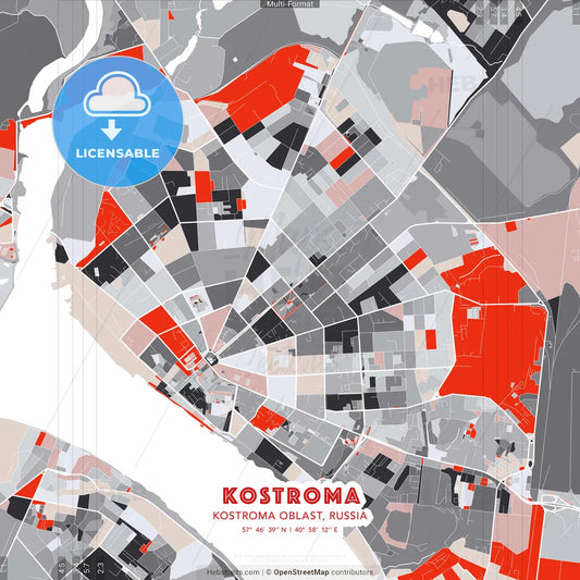 Kostroma, Kostroma Oblast, Russia - modern street map poster template with gray and red tones