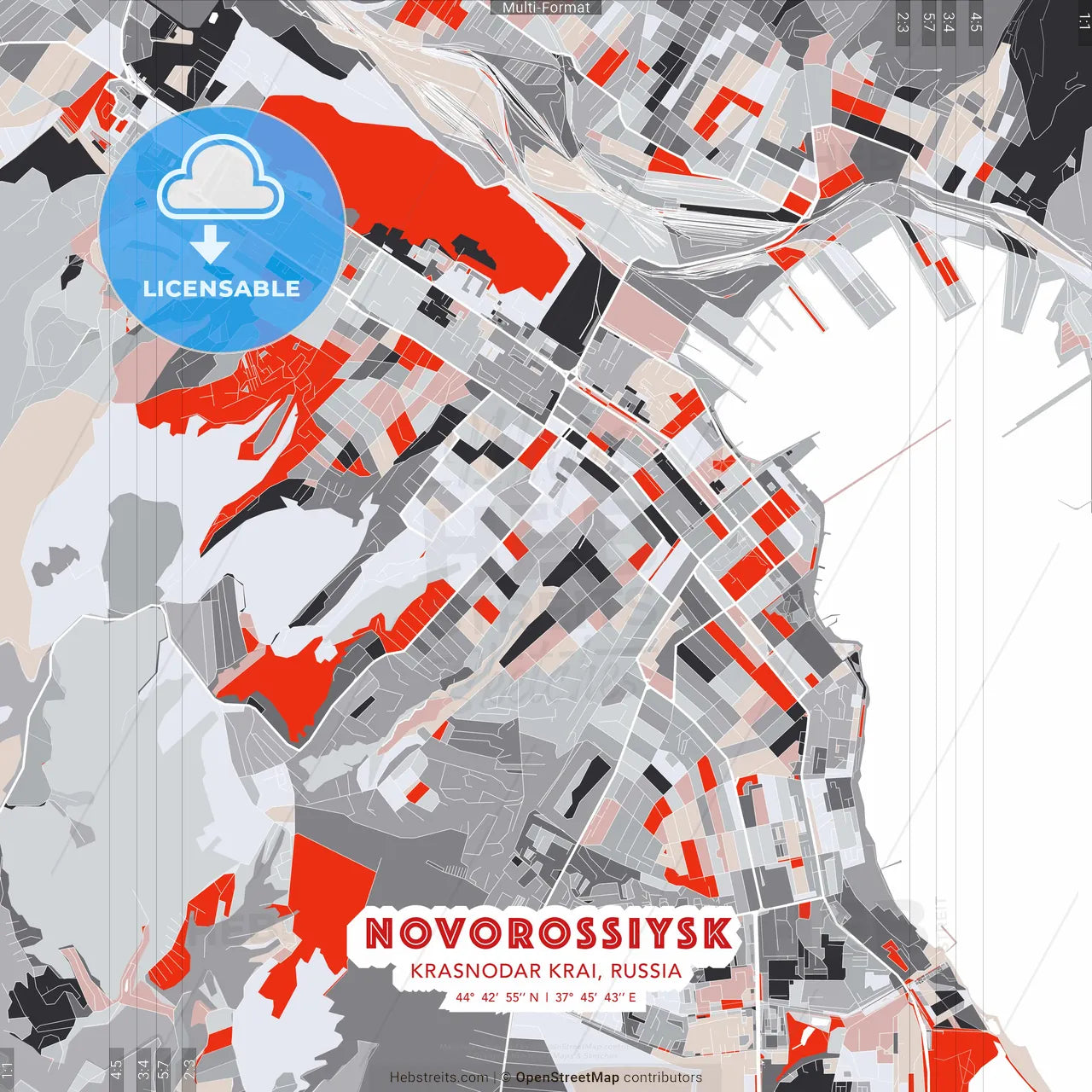 Novorossiysk, Krasnodar Krai, Russia - modern street map poster template with gray and red tones
