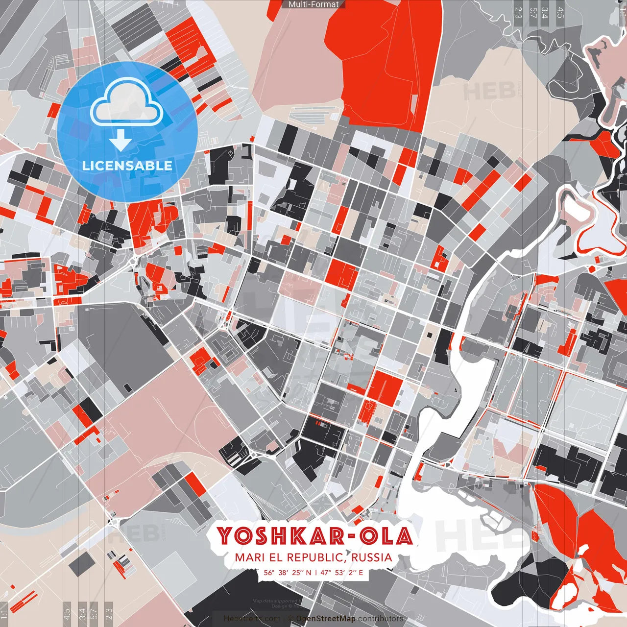 Yoshkar-Ola, Mari El Republic, Russia - modern street map poster template with gray and red tones