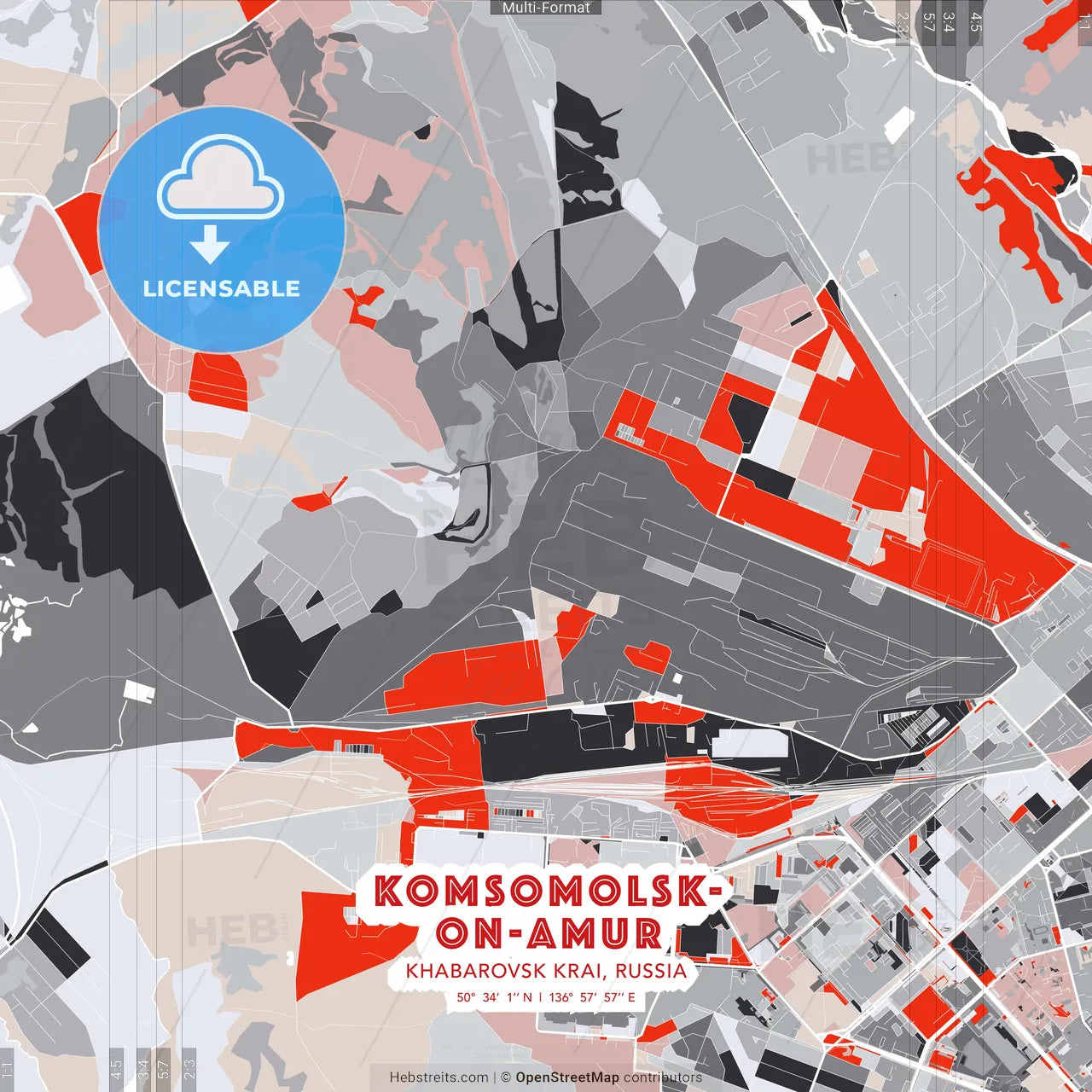 Komsomolsk-on-Amur, Khabarovsk Krai, Russia - modern street map poster template with gray and red tones