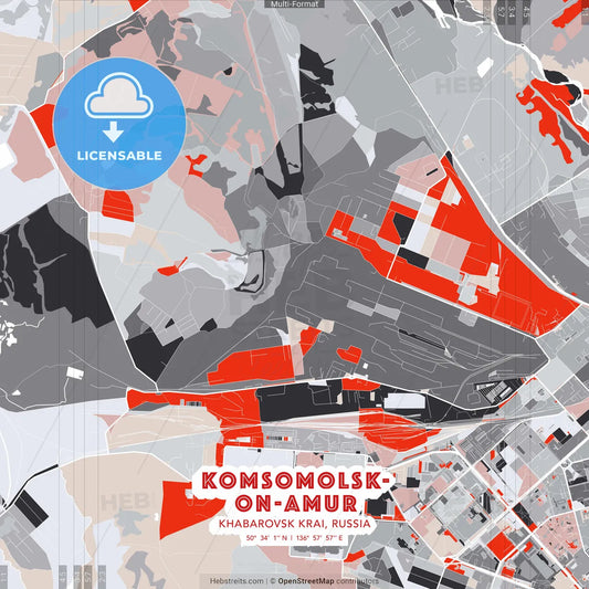 Komsomolsk-on-Amur, Khabarovsk Krai, Russia - modern street map poster template with gray and red tones