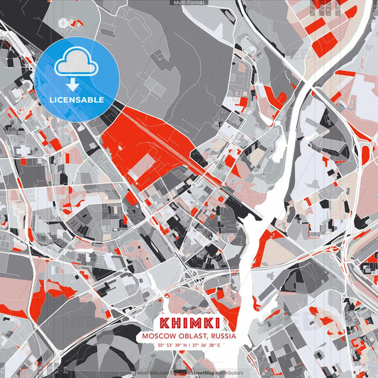 Khimki, Moscow Oblast, Russia - modern street map poster template with gray and red tones