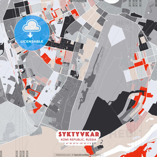 Syktyvkar, Komi Republic, Russia - modern street map poster template with gray and red tones