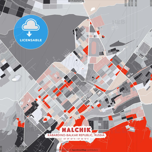 Nalchik, Kabardino-Balkar Republic, Russia - modern street map poster template with gray and red tones