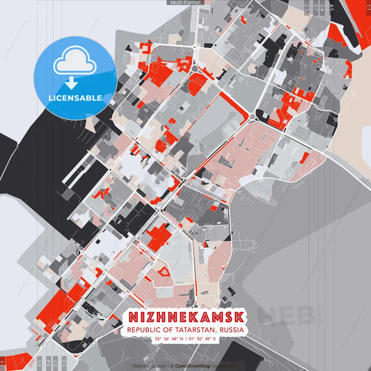 Nizhnekamsk, Republic of Tatarstan, Russia - modern street map poster template with gray and red tones