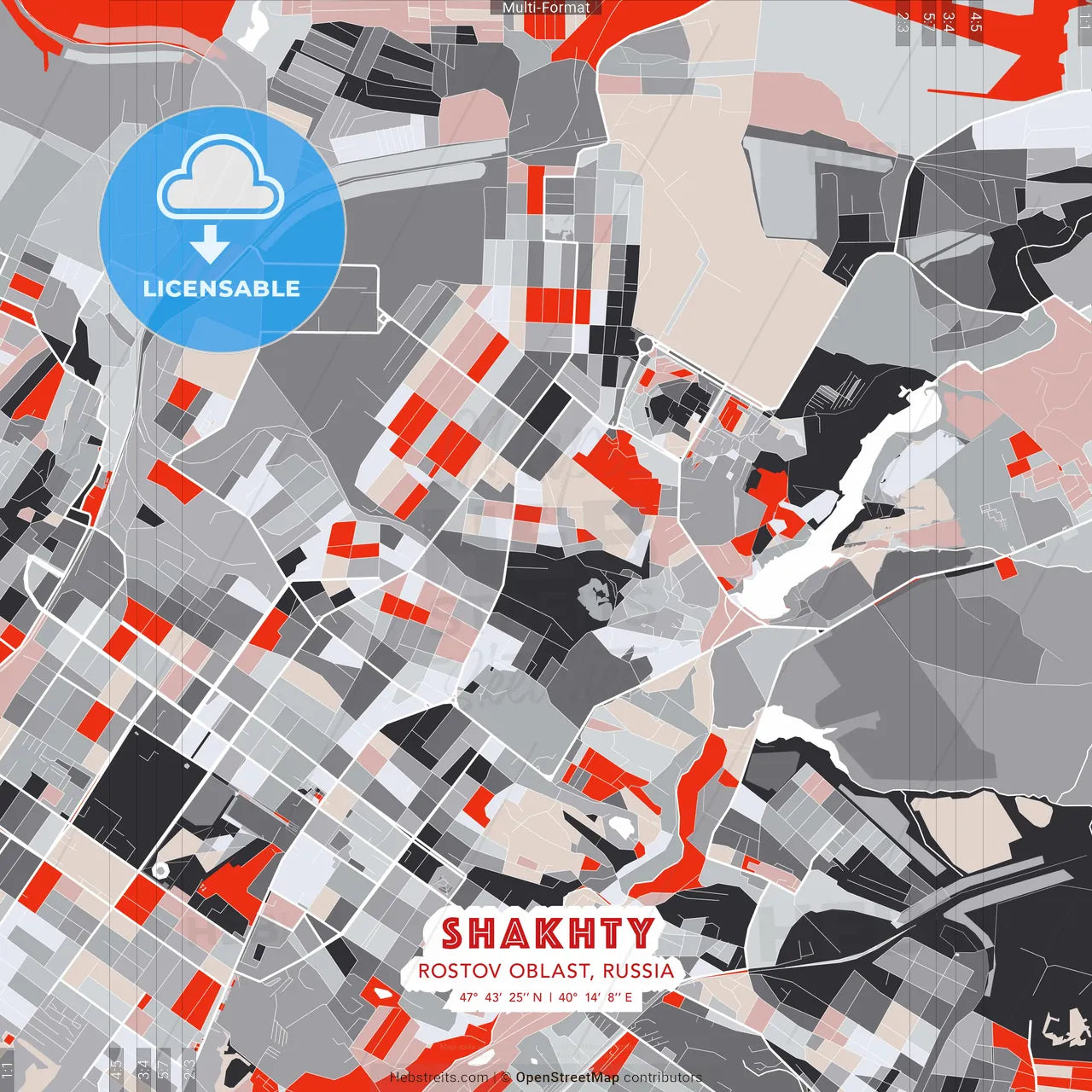 Shakhty, Rostov Oblast, Russia - modern street map poster template with gray and red tones