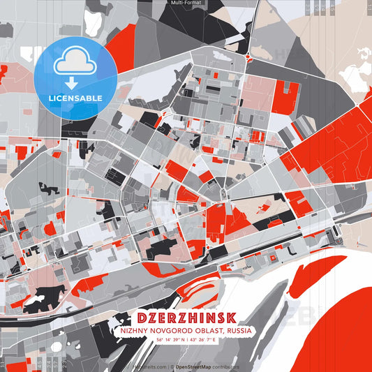 Dzerzhinsk, Nizhny Novgorod Oblast, Russia - modern street map poster template with gray and red tones