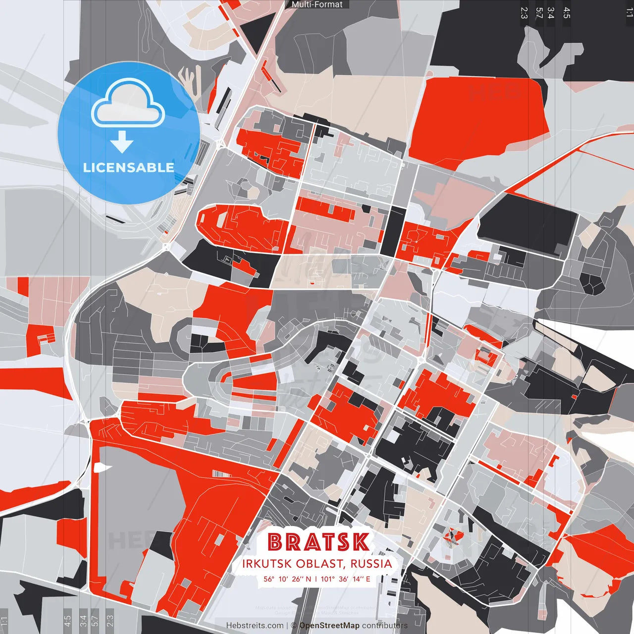 Bratsk, Irkutsk Oblast, Russia - modern street map poster template with gray and red tones