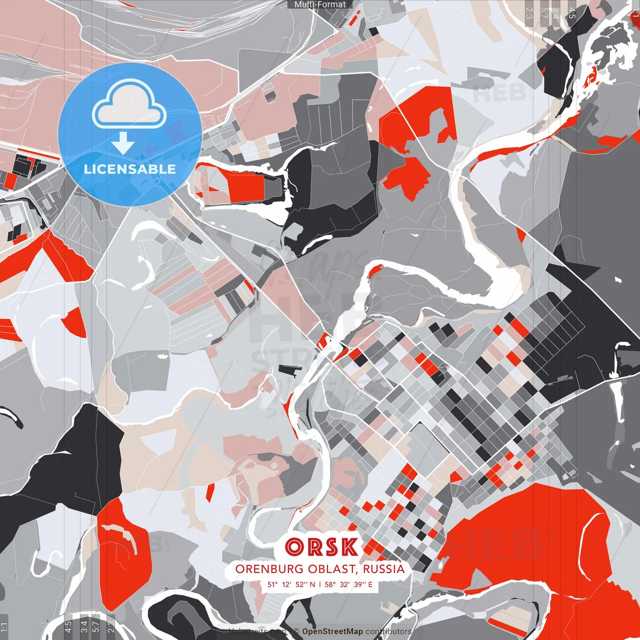 Orsk, Orenburg Oblast, Russia - modern street map poster template with gray and red tones