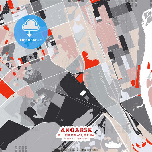 Angarsk, Irkutsk Oblast, Russia - modern street map poster template with gray and red tones