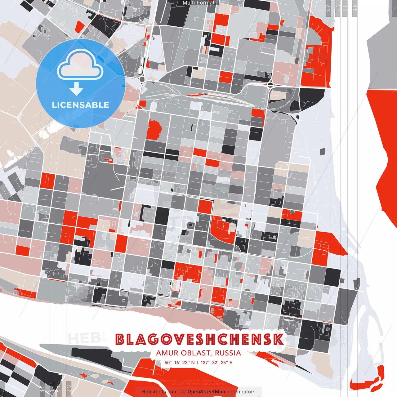 Blagoveshchensk, Amur Oblast, Russia - modern street map poster template with gray and red tones