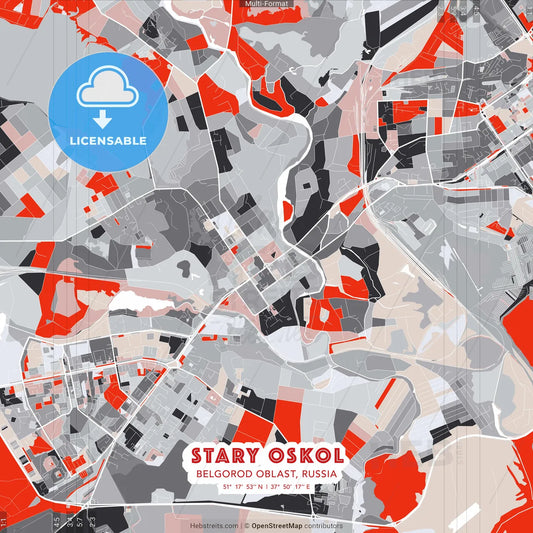 Stary Oskol, Belgorod Oblast, Russia - modern street map poster template with gray and red tones
