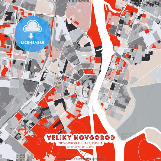 Veliky Novgorod, Novgorod Oblast, Russia - modern street map poster template with gray and red tones
