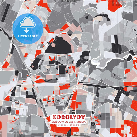 Korolyov, Moscow Oblast, Russia - modern street map poster template with gray and red tones