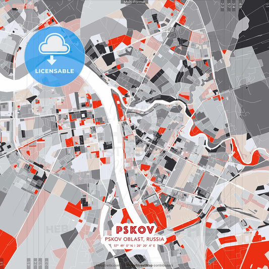 Pskov, Pskov Oblast, Russia - modern street map poster template with gray and red tones
