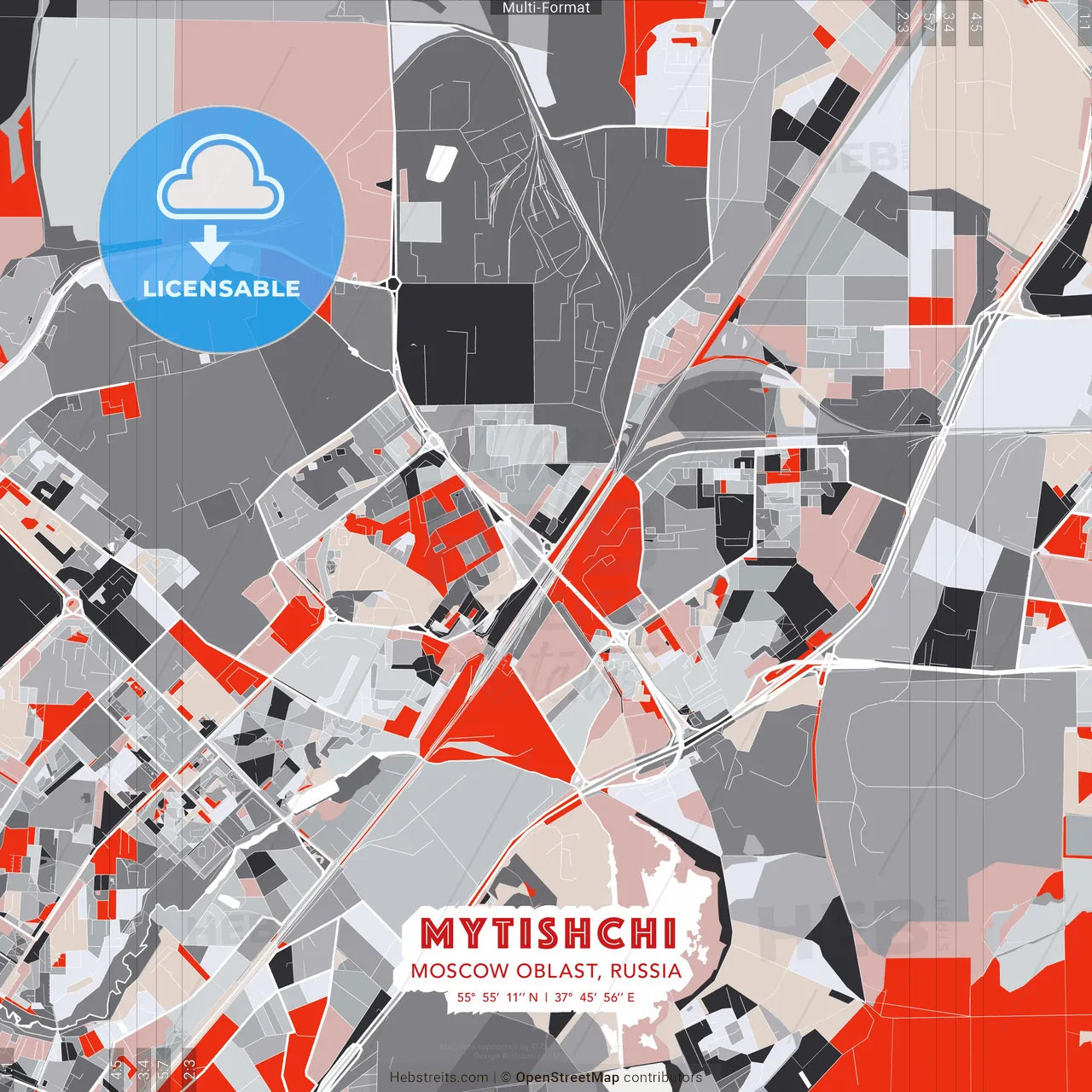 Mytishchi, Moscow Oblast, Russia - modern street map poster template with gray and red tones