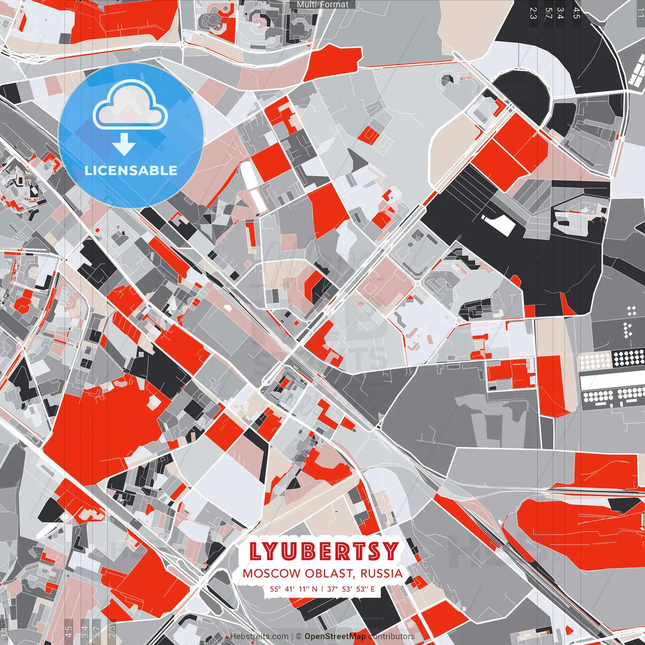 Lyubertsy, Moscow Oblast, Russia - modern street map poster template with gray and red tones