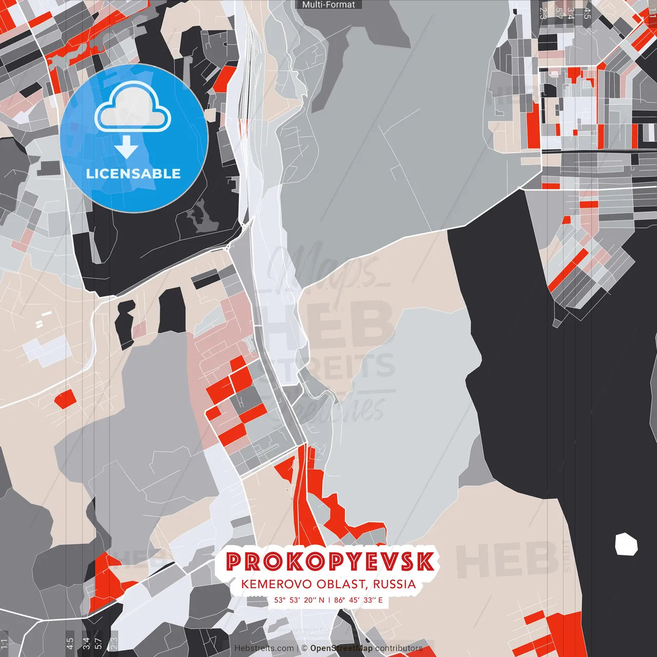 Prokopyevsk, Kemerovo Oblast, Russia - modern street map poster template with gray and red tones