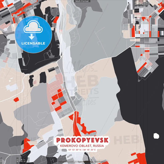 Prokopyevsk, Kemerovo Oblast, Russia - modern street map poster template with gray and red tones