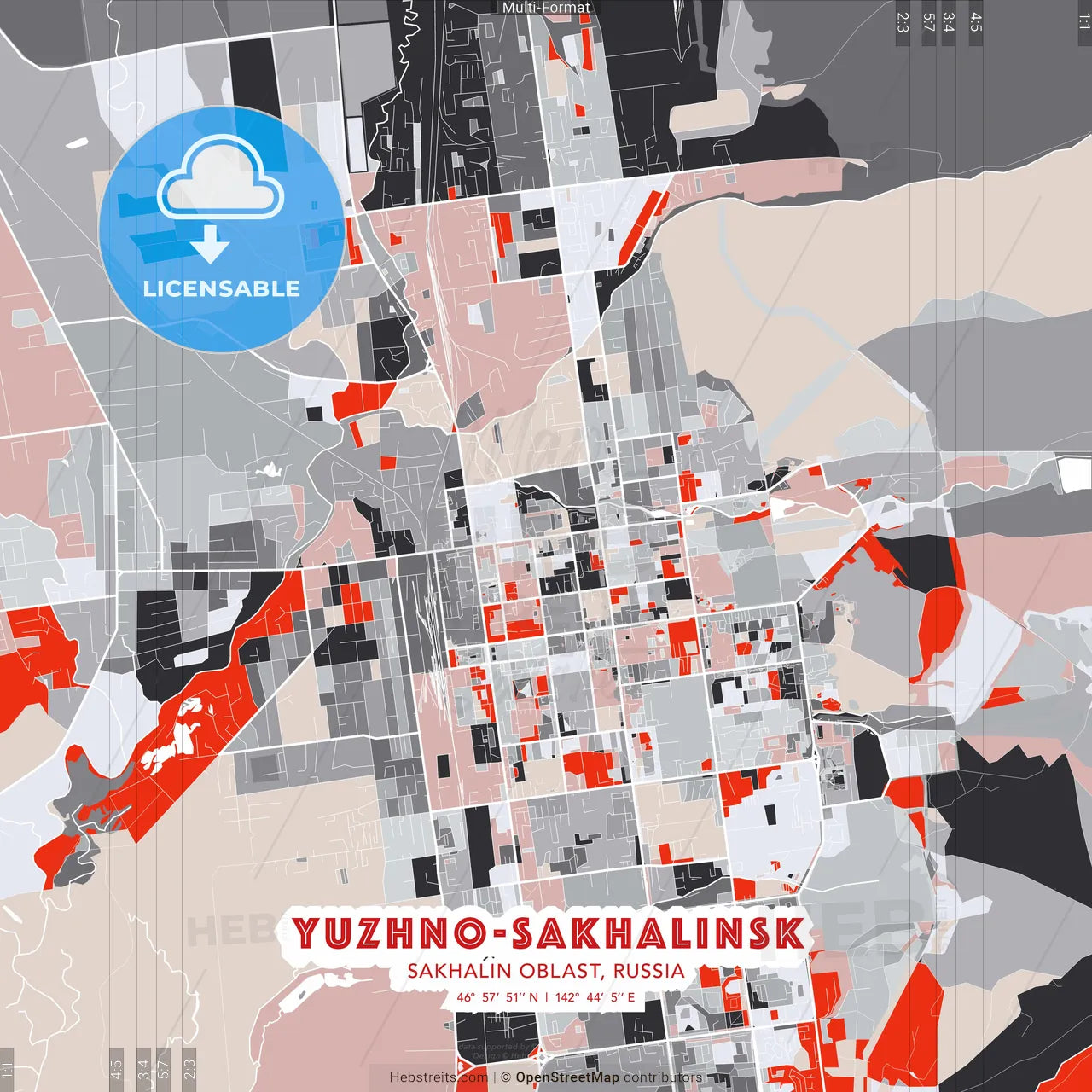 Yuzhno-Sakhalinsk, Sakhalin Oblast, Russia - modern street map poster template with gray and red tones