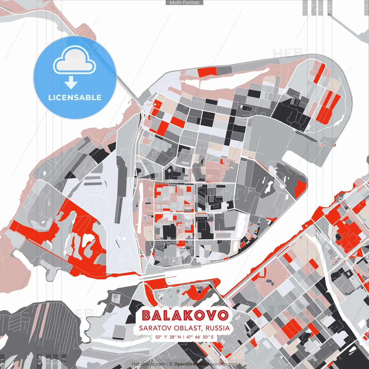 Balakovo, Saratov Oblast, Russia - modern street map poster template with gray and red tones