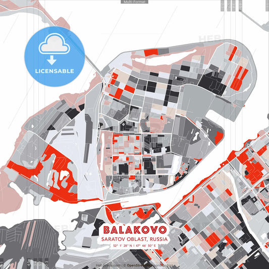 Balakovo, Saratov Oblast, Russia - modern street map poster template with gray and red tones