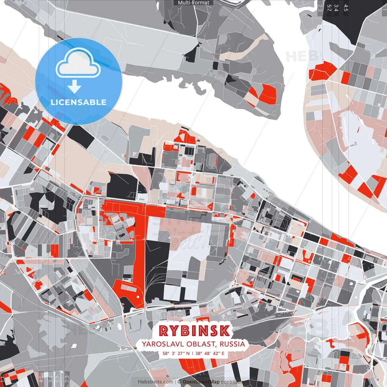 Rybinsk, Yaroslavl Oblast, Russia - modern street map poster template with gray and red tones