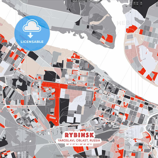 Rybinsk, Yaroslavl Oblast, Russia - modern street map poster template with gray and red tones