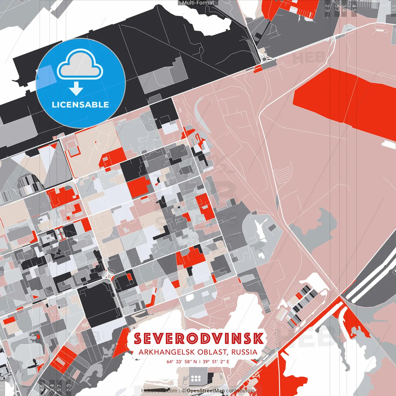Severodvinsk, Arkhangelsk Oblast, Russia - modern street map poster template with gray and red tones