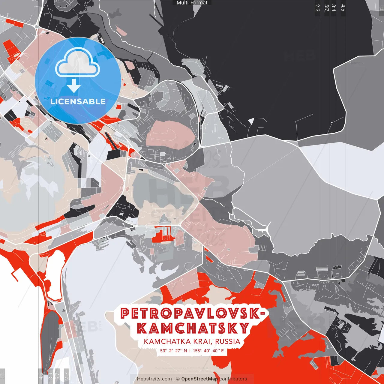 Petropavlovsk-Kamchatsky, Kamchatka Krai, Russia - modern street map poster template with gray and red tones