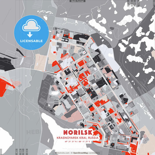 Norilsk, Krasnoyarsk Krai, Russia - modern street map poster template with gray and red tones