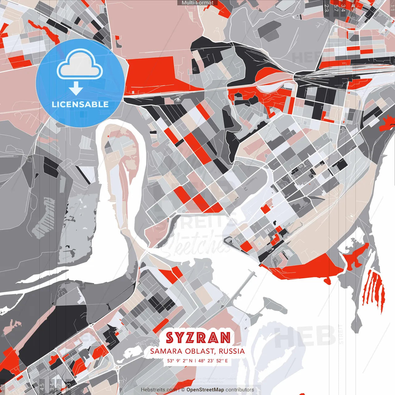 Syzran, Samara Oblast, Russia - modern street map poster template with gray and red tones