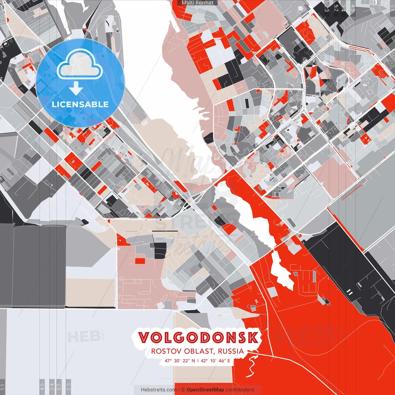 Volgodonsk, Rostov Oblast, Russia - modern street map poster template with gray and red tones