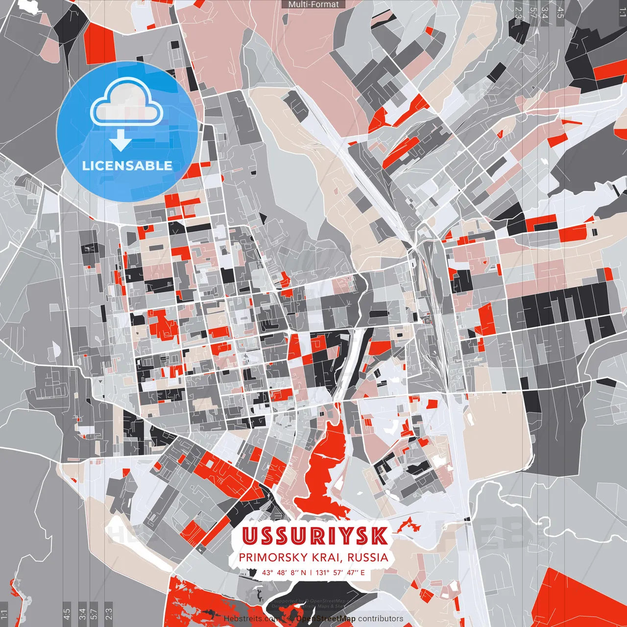 Ussuriysk, Primorsky Krai, Russia - modern street map poster template with gray and red tones