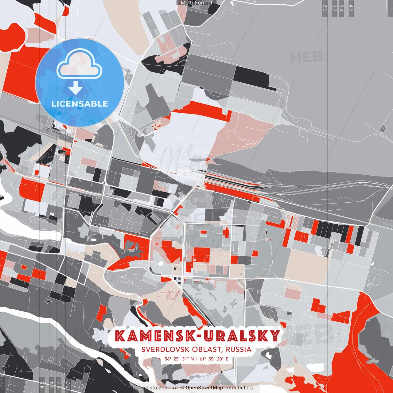 Kamensk-Uralsky, Sverdlovsk Oblast, Russia - modern street map poster template with gray and red tones
