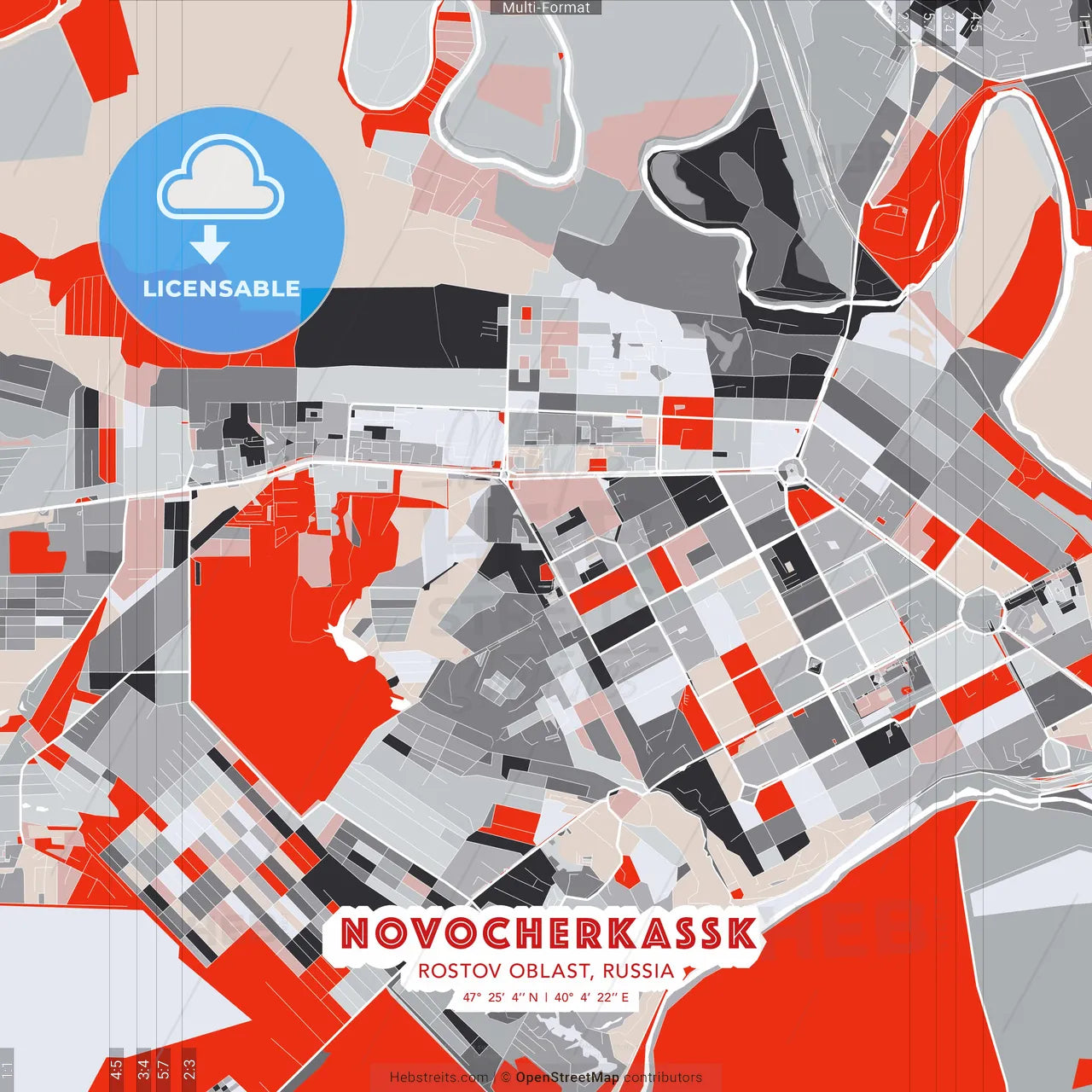 Novocherkassk, Rostov Oblast, Russia - modern street map poster template with gray and red tones