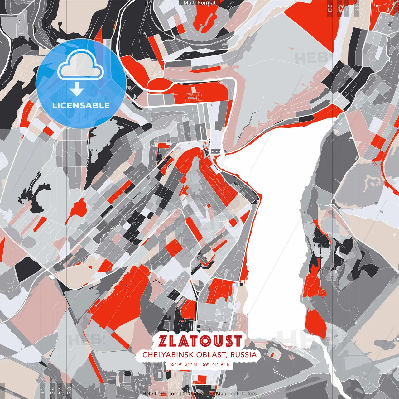 Zlatoust, Chelyabinsk Oblast, Russia - modern street map poster template with gray and red tones