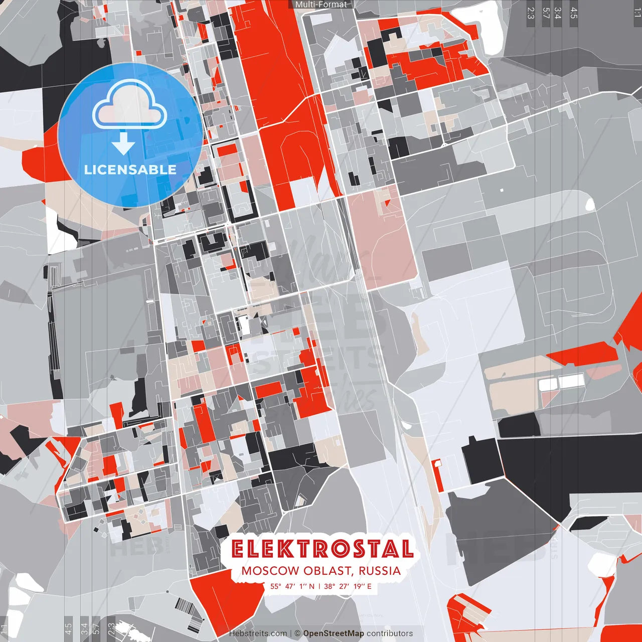 Elektrostal, Moscow Oblast, Russia - modern street map poster template with gray and red tones