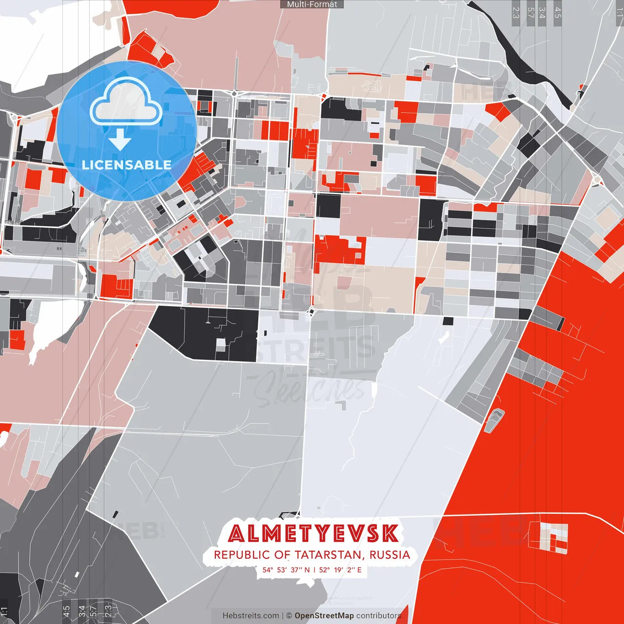 Almetyevsk, Republic of Tatarstan, Russia - modern street map poster template with gray and red tones
