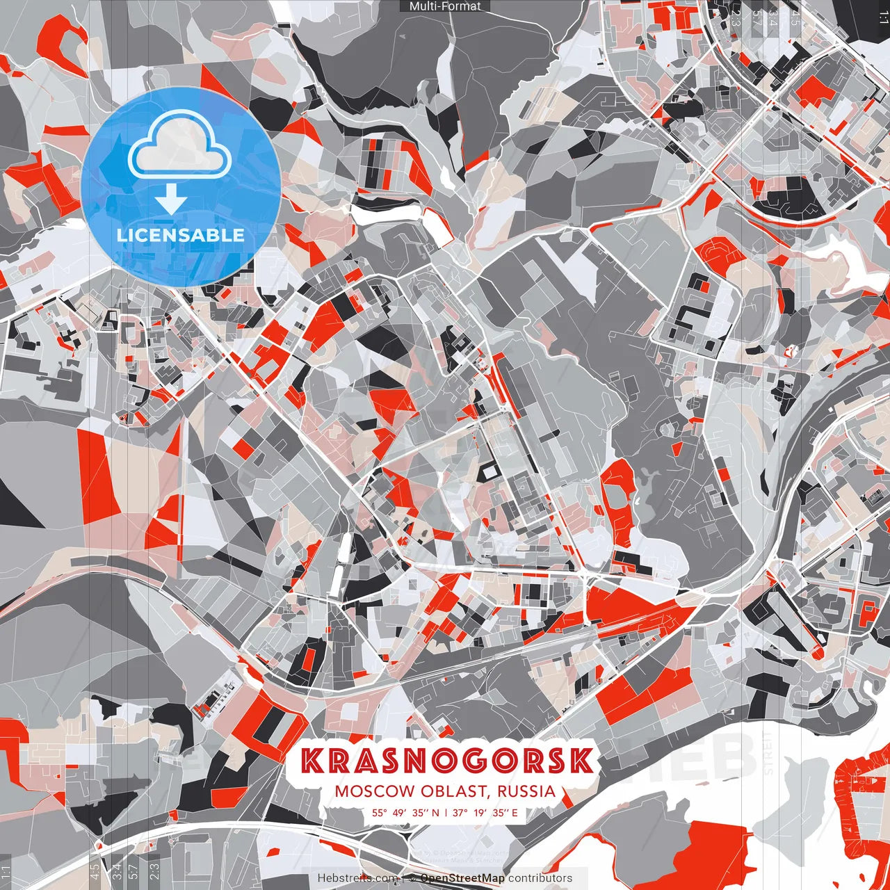 Krasnogorsk, Moscow Oblast, Russia - modern street map poster template with gray and red tones