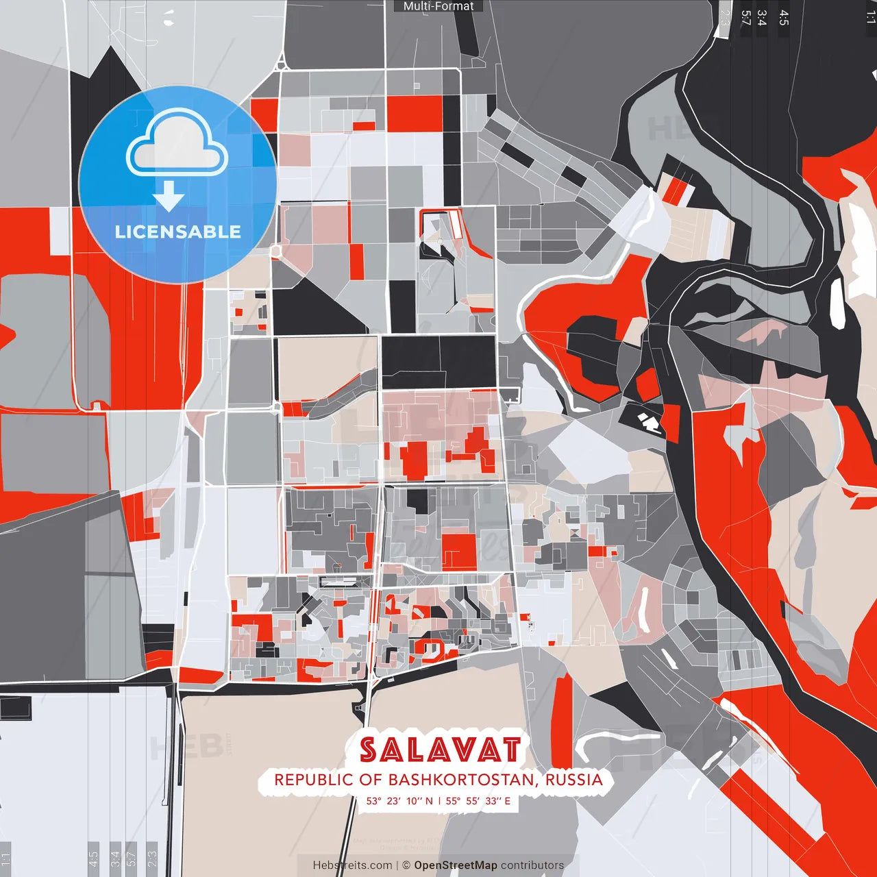 Salavat, Republic of Bashkortostan, Russia - modern street map poster template with gray and red tones