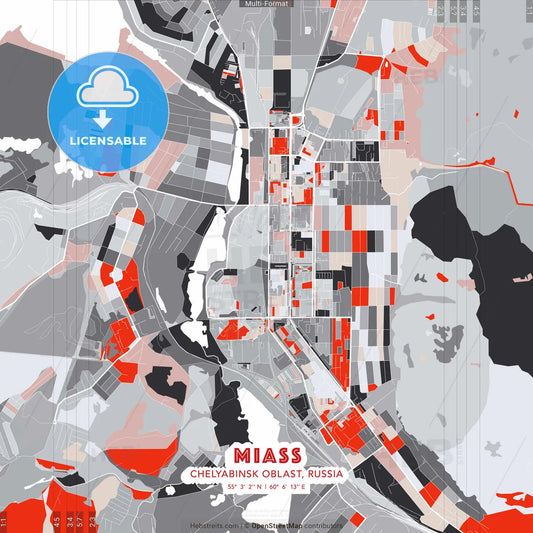 Miass, Chelyabinsk Oblast, Russia - modern street map poster template with gray and red tones