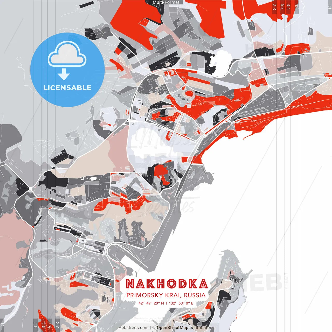 Nakhodka, Primorsky Krai, Russia - modern street map poster template with gray and red tones