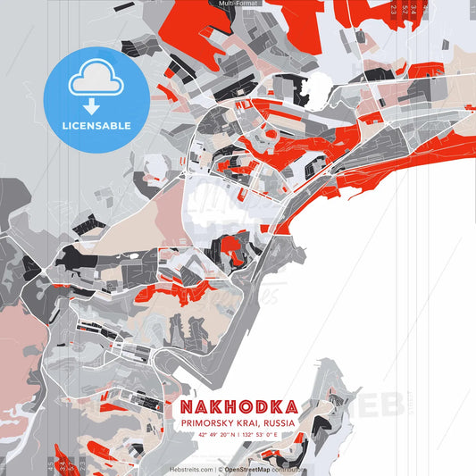 Nakhodka, Primorsky Krai, Russia - modern street map poster template with gray and red tones